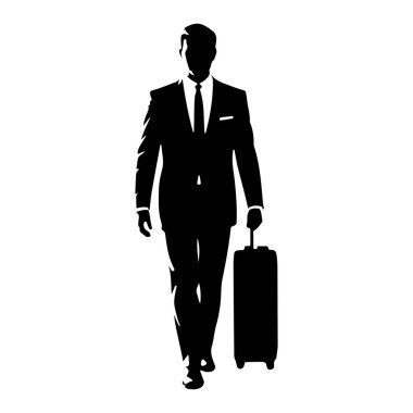 Takım elbise giyen ve kravat takan bir adamın siyah silueti öne doğru yürürken resmedilir. Sağ eliyle yuvarlanan bir valizin sapını tutuyor. Beyaz bir arkaplanda izole edilmiş olan figür, temiz ve vektör biçiminde sunulmuştur..