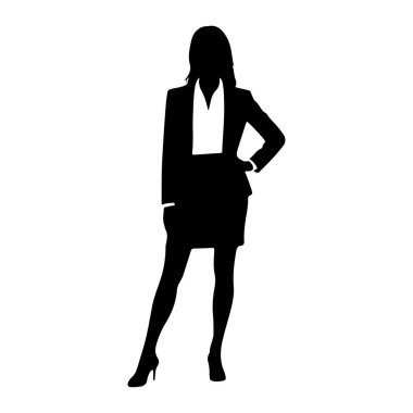 Bir kadının siyah silueti, bir eli kalçasında güvenle ayakta duruyor. O, yüksek topuklu bir ceket, etek ve yakalı bir gömlek ile birlikte resmi bir takım elbise giyiyor. Resim beyaz arkaplana karşı temiz bir vektör grafiği..