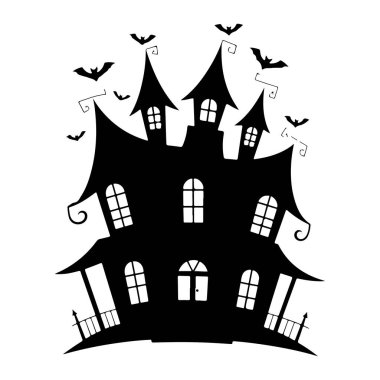 Eğri büğrü, çok katlı perili bir evin siyah silueti beyaz arka planda duruyor. Sivri uçlu çatılarda uçuşan yarasalar tasvir ediliyor. Ev, ızgara desenli ve merkezi kemerli bir kapı aralığına sahip çok sayıda pencereye sahip. Dekoratif