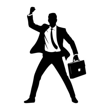 Takım elbiseli ve kravatlı bir adamın siyah silueti kolunu yumrukla kaldırarak zaferi ya da zaferi simgeler. O, diğer elinde bir evrak çantası tutuyor. Resim, beyaz arkaplandaki temiz bir vektör grafiği..