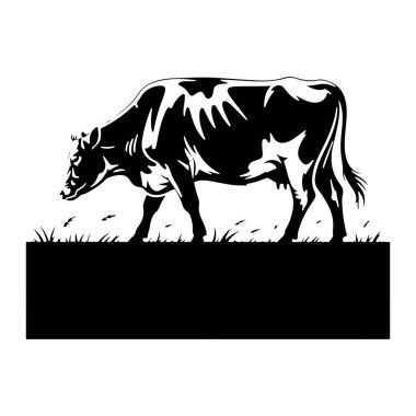 Bir ineğin siyah ve beyaz silueti profil içinde sola dönük olarak tasvir edilir. İnek stilize edilmiş çimlerin üzerinde duruyor. İneğin ve çimenlerin altında koyu siyah dikdörtgen bir alan var. Bu da mesaj veya logo için bir alan olduğunu gösteriyor. Biçim grafiksel ve il