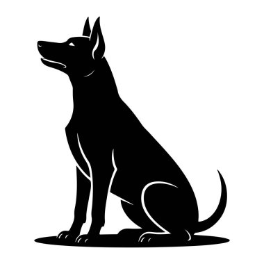 Siyah bir köpek silueti beyaz bir arka planda dikkatle oturur. Köpek profilden tasvir edilir, yüzü sola dönük, başı dik ve kulakları dik olarak. Tarzlı illüstrasyon, köpeğin formunu temiz çizgiler ve negatif alanla vurgular. Tai.