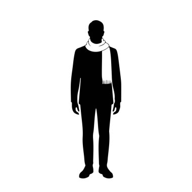 Siyah silueti olan bir adam öne bakıyor. Uzun kollu bir gömlek, pantolon ve ayakkabı giyiyor. Boynuna beyaz bir eşarp bağlanmış, bir ucu önde asılı. Arkaplan düz beyaz.