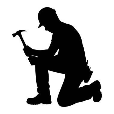 Siyah bir siluet, sert bir şapka ve alet kemeri takan birinin diz çöküp çekiç tuttuğunu gösteriyor. Şekil, başları öne eğilmiş bir göreve odaklanmış gibi görünüyor. Siluet, düz beyaz bir arkaplanda izole edilmiş..