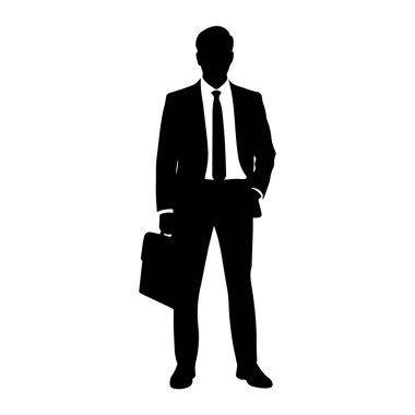 Siyah bir siluet beyaz bir arkaplanda duruyor. Resmi bir takım elbise ve kravat takıyor ve sol elinde bir evrak çantası tutuyor. Sağ eli cebinde duruyor. Siluet keskin ve net bir şekilde tanımlanmış.