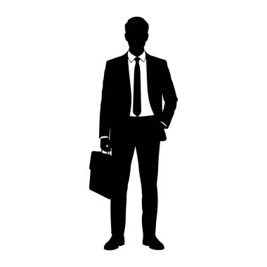 Siyah bir siluet beyaz bir arkaplanda duruyor. Resmi bir takım elbise ve kravat takıyor ve sol elinde bir evrak çantası tutuyor. Sağ eli cebinde duruyor. Silüet keskin ve net bir şekilde tanımlanmış, profesyonel bir inciri tasvir ediyor.