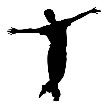 Dans ederken beyaz bir arkaplana karşı duran siyah bir siluet. Kolları yanlara doğru gerilmiş, vücudu bir bacağı bükülmüş ve diğeri de uzatılmış. Görüntü dinamik bir hareket ve ifade algısı yakalar..