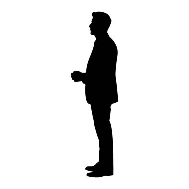Siyah bir siluet beyaz bir arka plana karşı profilde duruyor. O, elleri önünde kenetlenmiş bir takım elbise giyiyor. Siluet temiz ve keskin, adamın ve kıyafetinin şeklini vurguluyor..