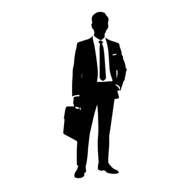 Siyah silueti olan bir adam öne bakıyor. Ceket, gömlek ve kravat giyiyor, bir eli cebinde. Diğer elinde bir evrak çantası tutuyor. Arkaplan beyaz.