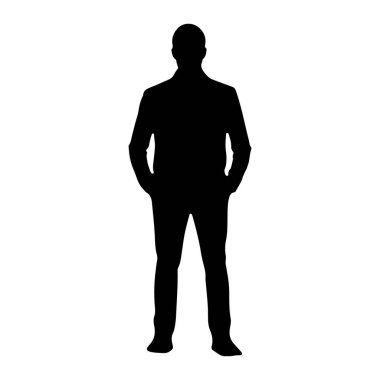 Elleri cebinde duran bir adamın tam vücut silueti. Takım elbise ceketi ve pantolonu var. Siluet, düz beyaz bir arkaplana karşı simsiyah..