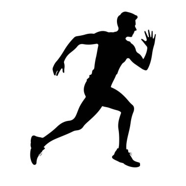 Koşarken orta basamaktaki bir adamın siyah silüeti. Vücudu öne doğru açılı, bir bacağı arkasına doğru uzanıyor ve diğeri de dizine eğilip onu öne doğru itiyor. Kolları bükük ve koşmak için pozisyonda, sağ eli havada.