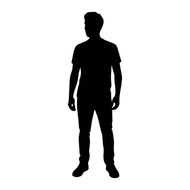 Bir adamın siyah silueti, düz beyaz bir arkaplana karşı durduğu tasvir edilir. O bir tişört ve kot pantolon giyiyor. Vücudu öne bakıyor, ama başı sola dönüyor, izleyiciden uzağa bakıyor. Siluet simsiyahtır.