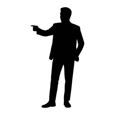Beyaz arka planda takım elbiseli bir adamın siyah silueti tasvir edilir. O, bir eli cebinde ve diğer kolu açık duruyor, işaret parmağını sola doğru gösteriyor. Görünürde hiçbir iç detay olmadan, figür keskin bir şekilde tanımlanmıştır.