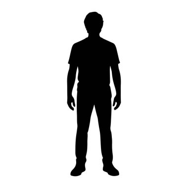 Düz beyaz bir zemine karşı duran bir adamın tüm vücudu silueti. Bu figür tamamen siyah, tişört, pantolon ve ayakkabı giyen birini gösteriyor. Siluet keskin ve net bir şekilde tanımlanmış. Adamın H 'deki şeklinin ana hatlarını gösteriyor.
