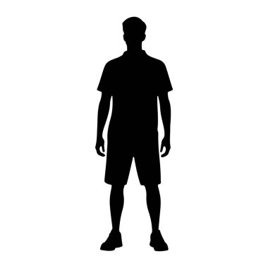 Bir adamın tüm vücudu siyah silueti düz beyaz bir arkaplan karşısında öne bakıyor. Kısa kollu bir gömlek ve şort giyiyor, ayaklarında ayakkabılar var. Silüet net ve net bir şekilde tanımlanmış. Vücudunun dış hatlarını gösteriyor.
