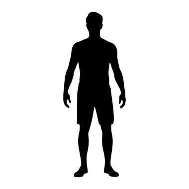 Siyah bir siluet beyaz bir arka plana karşı karşıya duran bir adam. Şekil tepeden tırnağa eksiksiz, kolları ve bacakları hafifçe ayrılmış. Silüet simsiyah, belirgin bir özelliği ya da detayı yok.