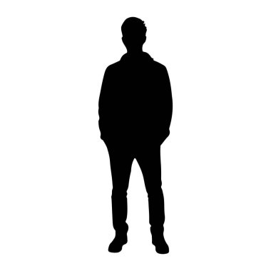 Siyah bir siluet beyaz bir arka plana karşı karşıya duran bir adam. O, bir ceket ve kot da dahil olmak üzere elleri ceplerinde günlük giysiler giyiyor. Siluet koyu siyah bir şekildir, diğer belirgin özellikleri yoktur. 