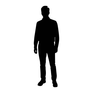 Saf beyaz arka planda duran bir adamın siyah silueti tasvir edilir. Şekil tepeden tırnağa, net saç, gömlek, pantolon ve ayakkabı çizgileriyle gösteriliyor. Elleri cebinde gibi görünüyor..