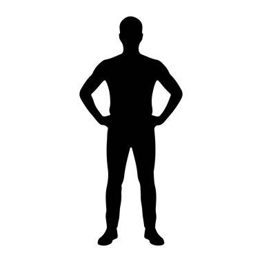 Düz beyaz bir arkaplana karşı dimdik duran bir adamın siyah silueti tasvir edilir. Elleri kalçalarına yerleştirilmiş ve bacakları hafifçe ayrılmış. Siluet açıkça kafasının, gövdesinin, kollarının ve bacaklarının şeklini belirtiyor