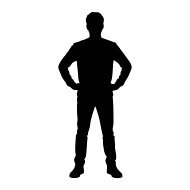 Elleri kalçasında duran bir adamın tüm vücudu siyah bir silueti. Şekil, düz beyaz bir arkaplanda izole edilmiştir. Adam rahat kıyafetler giyiyor. Pantolon ve uzun kollu gömlek de dahil. Duruşu kendine güvendiğini gösteriyor..