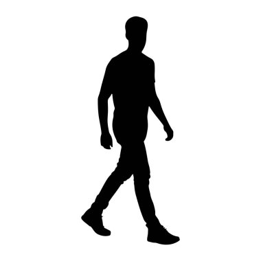 Beyaz arka planda soldan sağa doğru yürüyen bir adamın siyah silueti. O bir tişört, pantolon ve ayakkabı giyiyor. Görüntü, hareket halindeki kişinin tüm vücudunu bacakları ileri doğru adım atarken görüntüler..