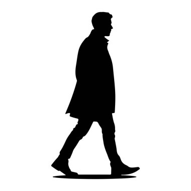 Beyaz arka planda soldan sağa doğru yürüyen bir adamın siyah silueti. O uzun bir ceket, pantolon ve ayakkabı giyiyor. Siluet keskin ve tanımlı. Görünür bir detay yok. Formu ve kıyafetinin ana hatları dışında..