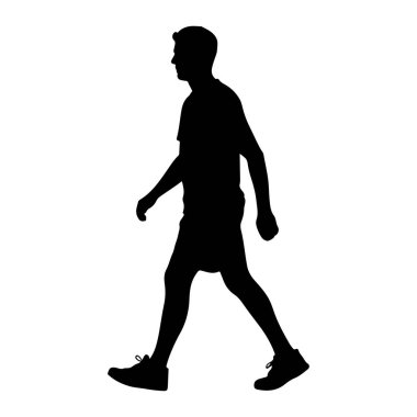 Beyaz arka planda soldan sağa doğru yürüyen bir adamın siyah silueti. Profilinde bir tişört, şort ve spor ayakkabısı giyerek resmedilmiştir. Kolları dirseklerinden bükülmüş, bacakları ise orta basamakta..