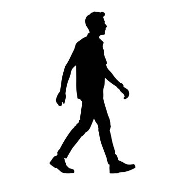 Beyaz arka planda soldan sağa doğru yürüyen bir adamın siyah silueti. Profilde, sol bacağı öne ve sağ kolu hafifçe sallanırken tasvir edilir. Adam günlük kıyafetler giyiyor. Gömlek, pantolon ve ayakkabılar da dahil. Şey... 