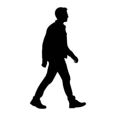 Beyaz arka planda soldan sağa doğru yürüyen bir adamın siyah silueti. Profilde resmedilmiş, günlük kıyafetler giyiyor pantolon, gömlek ve ayakkabılar da dahil. Siluet koyu siyah bir şekildir. Şeklin ve hareketin önemini vurgular.