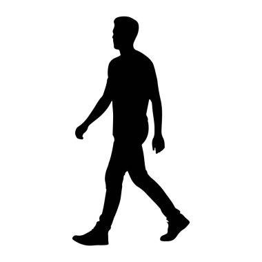 Bir adamın siyah silueti bembeyaz arka planda soldan sağa doğru yürürken resmedilir. Profilde, sol bacağı öne doğru, sağ bacağı da arkaya doğru uzanıyor. Bu da hareketi gösteriyor. Gündelik giyinmiş gibi görünüyor.