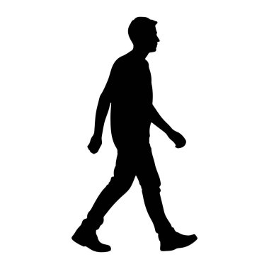 Beyaz arka planda soldan sağa doğru yürüyen bir adamın siyah silueti. Profilde resmedilmiş, günlük giysiler giyiyor pantolon ve ayakkabılar da dahil. Kolları hafifçe bükülmüş ve bacakları orta basamaklarda hareket ediyor.