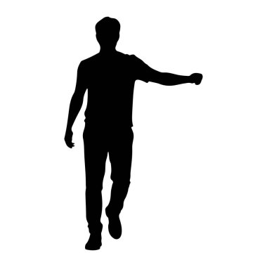 Beyaz arka planda siyah bir adam silueti tasvir edilir. Sol kolu dışa doğru uzanmış ve sağ kolu dirsekten bükülmüş bir şekilde yürüyen bir poz veriyor. Bu figür günlük giysiler giyiyor, tişört, pantolon ve appe de dahil.