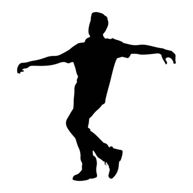 Bir kişinin siyah silueti dansın ortasında beyaz bir arka plana doğru çekilir. Şekil, kollarını yanlara doğru uzatarak öne doğru eğiliyor. Bu da hareket ve ifadeyi akla getiriyor. Bacakları bükük, bir ayağı hafifçe önde.