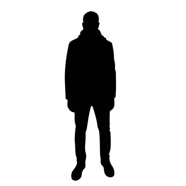 Beyaz arka planda duran bir kişinin tüm vücut silueti. Bu figür tamamen siyah ve pantolon, ayakkabı ve kapüşonlu ya da yakalı bir ceket de dahil olmak üzere gündelik giysiler giyiyor gibi görünüyor. Siluet basit ve açıkça meydan okuyor.