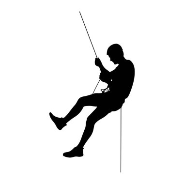 Bir kişinin siyah silueti, beyaz arka planda bir iple iple aşağı inerken tasvir edilir. Şekil, bir bacağı genişlemiş ve diğeri bükülmüş bir şekilde inişin ortasında gösterilir. Kişi halatı eliyle tutuyor ve öyle görünüyor ki... 