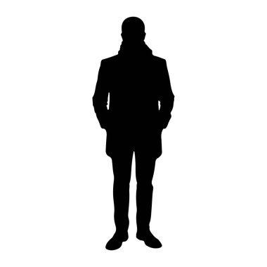Beyaz bir arkaplana karşı duran siyah bir siluet. Tasması, pantolonu ve ayakkabısı olan bir ceket giyiyor. Eller ceketin cebinde gibi görünüyor. Siluet temiz ve keskin, belirgin bir detay yok.