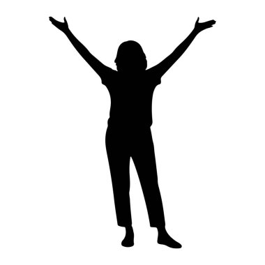 Siyah bir siluet kollarını beyaz bir arka plana doğru uzatarak ayakta duruyor. Bu figür tepeden tırnağa tasvir edilmiş, üzerinde tişört ve pantolon varmış gibi görünüyor. Poz bir kutlama, sevinç ya da üçlü hissi veriyor.