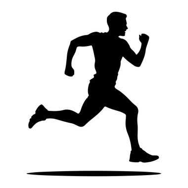 Hareket halindeki bir adamın siyah silueti, koşarken orta adımda yakalanmış. Vücudu öne dönük, bir bacağı arkaya, diğeri öne eğik. Kolları da koşu pozisyonunda, biri dirseğinde bükülmüş ve diğeri de uzatılmış. Şey...