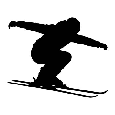Havada bir kayakçının siyah silueti bir numara yapıyor. Kayakçı kask, gözlük, ceket, pantolon ve eldiven de dahil olmak üzere kayak kıyafeti giyiyor. Kayakları altlarında görünüyor, sanki hareket halindeymiş gibi. Arka plan düz beyaz, vurgulu.