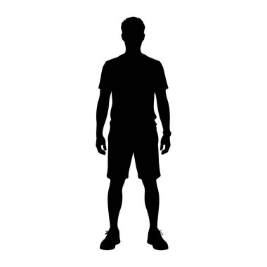 Beyaz arka planda duran bir adamın tüm vücudu siyah bir siluet. O bir tişört, şort ve ayakkabı giyiyor. Silüet, vücudunun ve kıyafetinin dış hatları dışında belirgin bir özelliği olmayan koyu siyah bir şekildir..