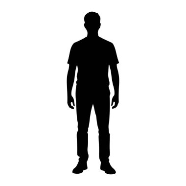 Beyaz arka planda duran bir adamın tüm vücut silueti. Şekil simsiyahtır ve tişört, pantolon ve ayakkabı giyen birini tasvir eder. Silüet basit ve net, bir insan şeklinin ana hatlarını gösteriyor..
