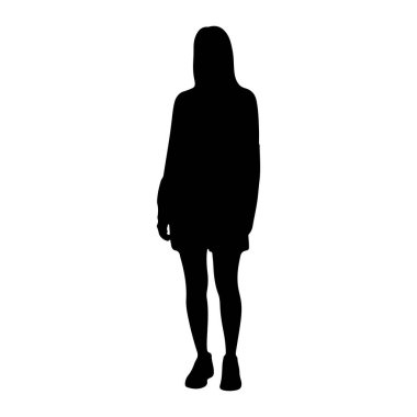 Düz beyaz bir arkaplana karşı duran siyah bir siluet. Şekil öne bakıyor ve şort ve ayakkabılar da dahil olmak üzere günlük giysiler giyiyor gibi görünüyor. Silüet simsiyah ve belirgin bir özelliği yok..