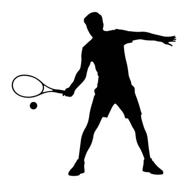 Hareket halindeki bir erkek tenisçinin silüeti, topa vurmaya hazırlanan bir tenis raketiyle salıncakta sallanıyor. Oyuncu şort ve bacakları dinamik bir duruşla açılmış bir tişört giyiyor. Arkaplan düz beyaz.