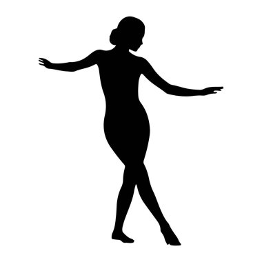 Beyaz bir arka plana karşı zarif dans eden siyah bir kadın silueti. Kolları dışa doğru uzanıyor ve bacakları dinamik bir duruş içinde hareket ve akıcılık gösteriyor. Siluet, vücudunun hatlarını ön plana çıkarıyor.