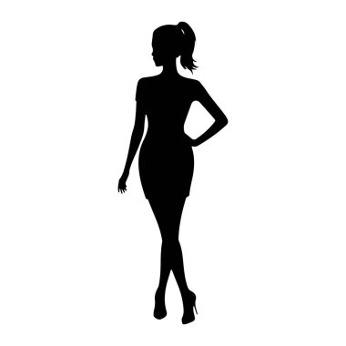 Beyaz arka planda duran siyah bir kadın silueti. O, kısa bir elbise ve yüksek topuklu ayakkabı giyiyor. Saçları at kuyruğu şeklinde ve bir eli kalçasında. Siluet temiz ve keskin. Yüz hatları belirgin değil..