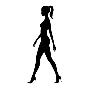 Beyaz arka planda yürüyen bir kadının siyah silueti tasvir edilir. Kadının profili gösteriliyor, saçları at kuyruğu şeklinde geri çekiliyor. O yüksek topuklu giyiyor ve vücudu yürüyen bir adımda konumlanmış. Siluet sağlam.