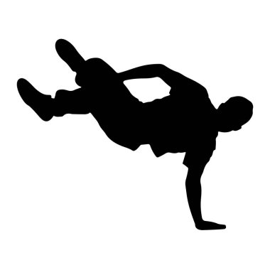 Dinamik bir break dans hareketi yapan bir kişinin siyah silueti beyaz bir arkaplanda tasvir edilir. Dansçı, bir kolu yerde ağırlığını destekleyen bir kolla yakalanır. Bacakları açılır ve karmaşık bir şekilde bükülür.