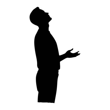 Bir adamın siyah silueti profilde tasvir edilir, başı yukarı doğru eğilmiş bir şekilde sola dönük olarak. Kolları havada, elleri açık ve öne doğru uzanmış, avuçlar yukarı bakacak şekilde, dua, dua ya da adak olduğunu gösteren bir hareketle. Ba...