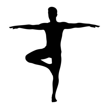 Bir kişinin siyah silueti bir bacağı bükülmüş ve diğeri düz bir şekilde dengeli bir şekilde tasvir edilir. Kollar yatay olarak yana doğru uzanıyor. Şekil beyaz bir arkaplanda izole edilmiştir..