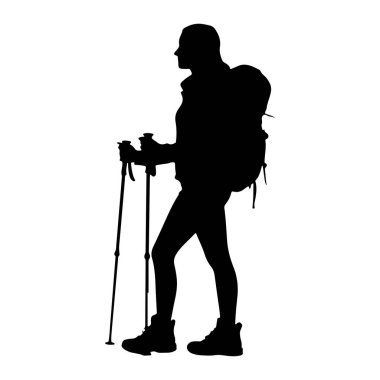 Yürüyüş için donanımlı, ayakta duran ve sola bakan siyah bir siluet. Şekil büyük bir sırt çantası takıyor ve iki yürüyüş direğini tutuyor. Sağlam yürüyüş botları ayaktan görülebilir. Siluet, düz beyaz bir arkaplana karşı katıdır..